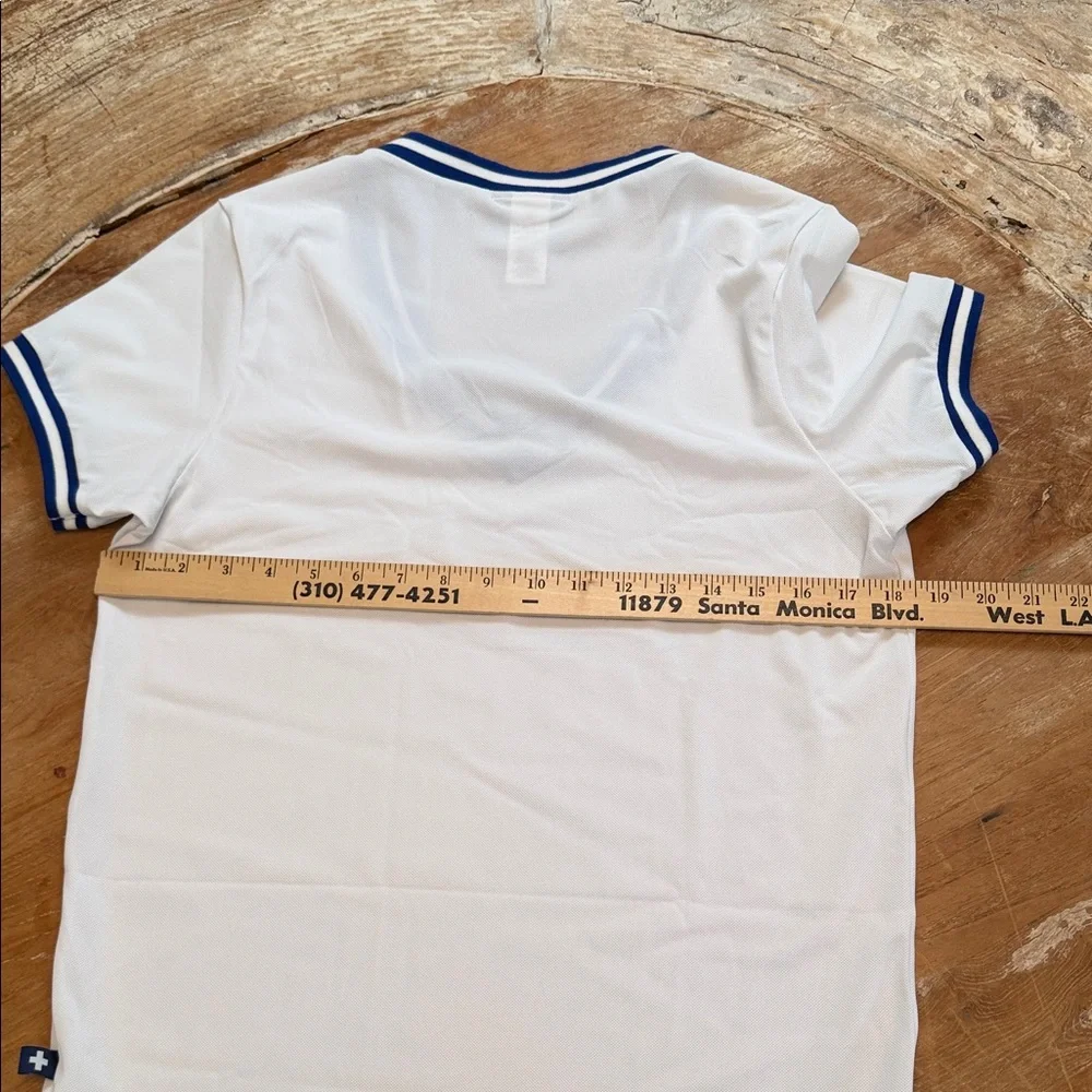 ANDREW CHRISTIAN Mesh Semi Sheer V Neck Polo Shirt Navy White Size S - Picture 4 of 6